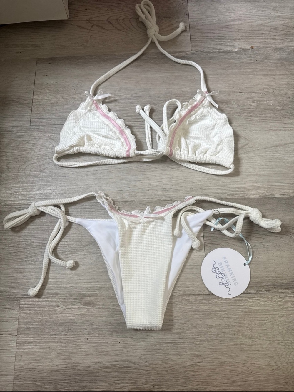 Frankie's Bikinis White Textured Tie-Side Bikini with Pink Trim